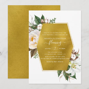 Invitation Noces de mariage 50 ans or géométrique floral