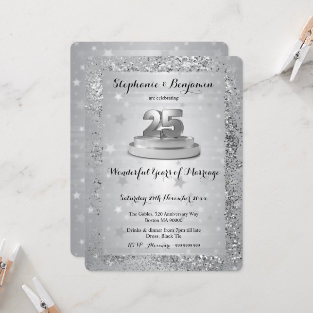 Invitation Noces de mariage Argent 25 ans Élégant Paillettes (Devant/Arrière en situation)