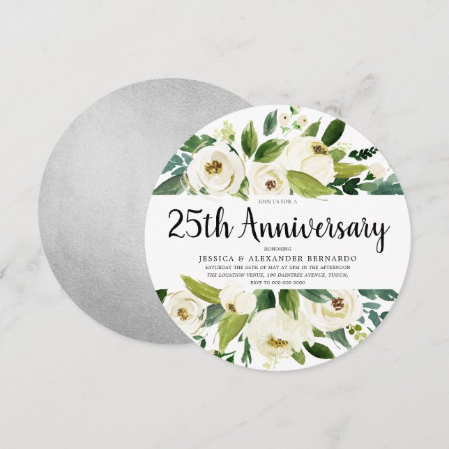 Invitation Noces de mariage Argent Floral Blanc 25 ans (Devant / Derrière)