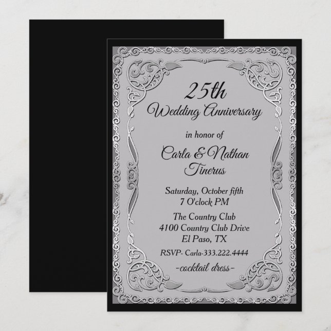 Invitation Noces de Mariage Argentées et Grises Ornées (Devant / Derrière)