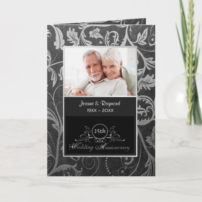 Invitation Noces de mariage Black and Silver Damask 25ème ann (Devant)