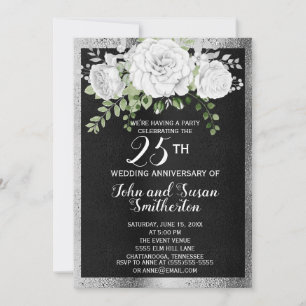 Invitation Noces de mariage Black Silver White Floral 25 ans