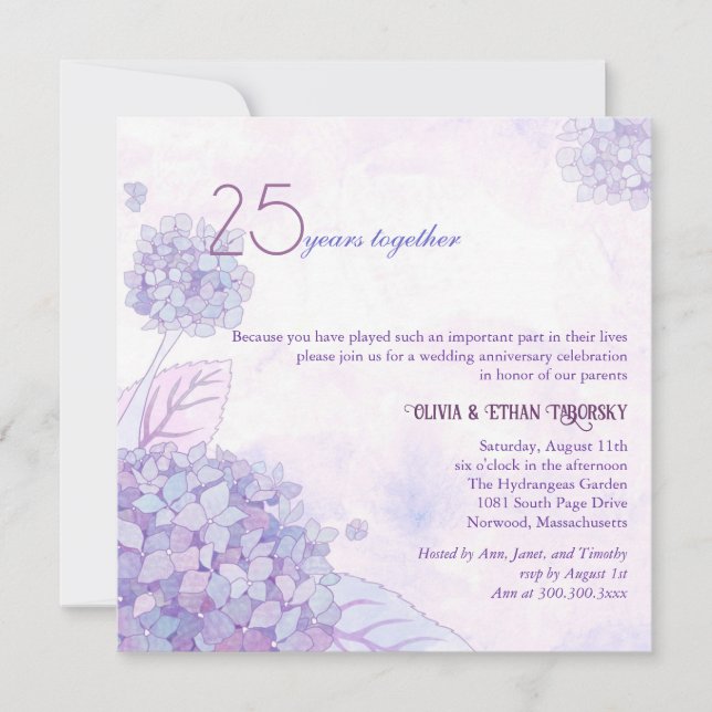 Invitation Noces de Mariage d'Argent 25 ans d'Hortensias (Devant)