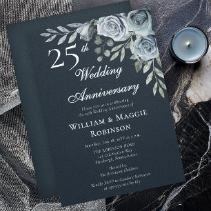 Invitation Noces de mariage de 25 ans : élégant floral marine