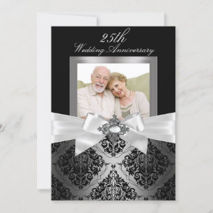 Invitation Noces de mariage de 25 ans Ruban noir et damas arg