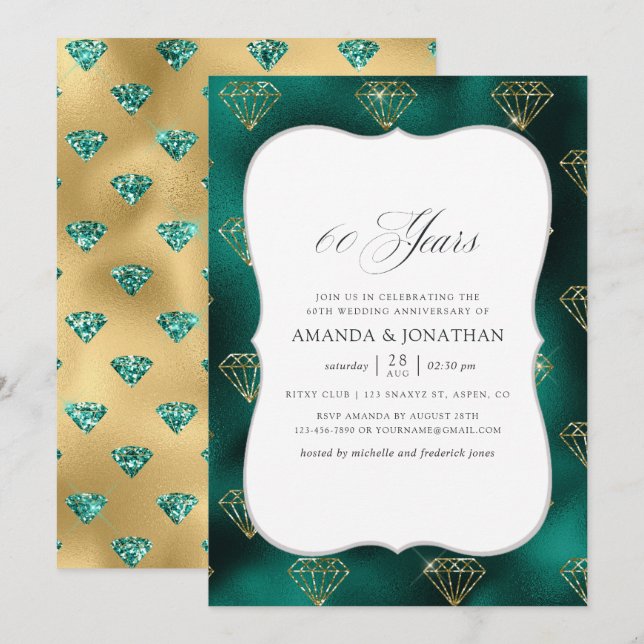 Invitation Noces de mariage de 60 ans sarcelle et or (Devant / Derrière)