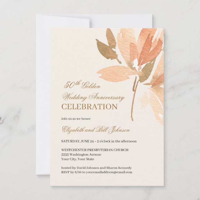 Invitation Noces de mariage Floral Peach Cream Or 50 ans (Devant)