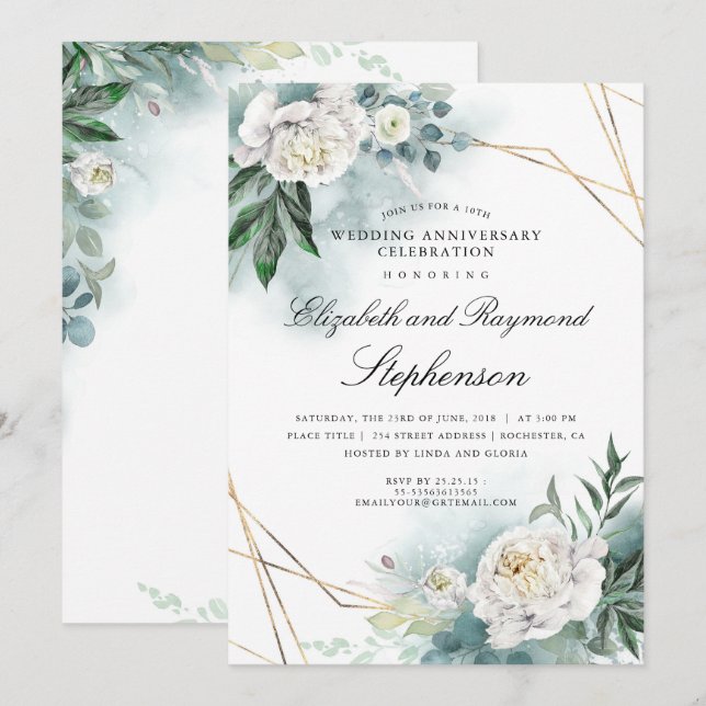 Invitation Noces de mariage géométriques florales or verdure (Devant / Derrière)