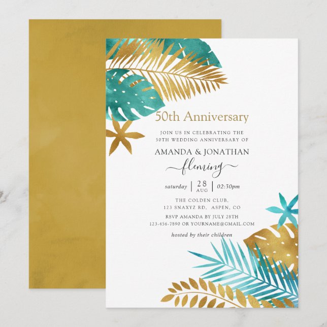 Invitation Noces de mariage tropical sarcelle et or 50 ans (Devant / Derrière)
