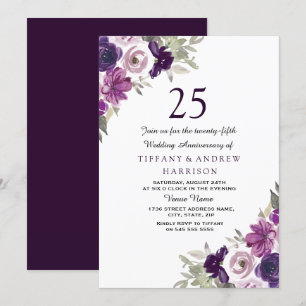 Invitation Noces de mariage Violet Floral Pourpre 25 ans