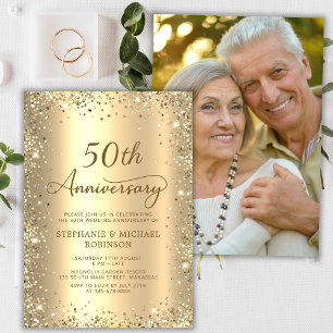 Invitation Noces de métal Photo Métal Pailleté Or 50e Anniver