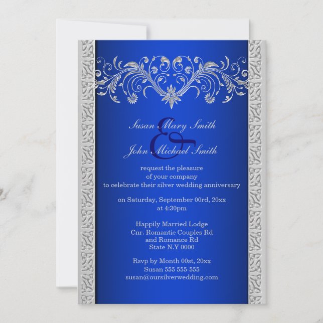 Invitation Noces de noces d'argent bleues florales (Devant)