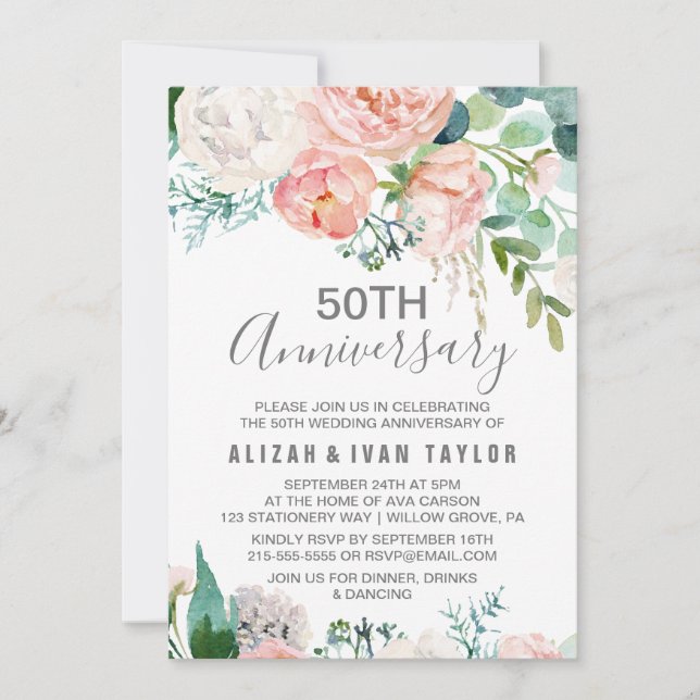 Invitation Noces de peonies romantiques 50 ans de mariage (Devant)