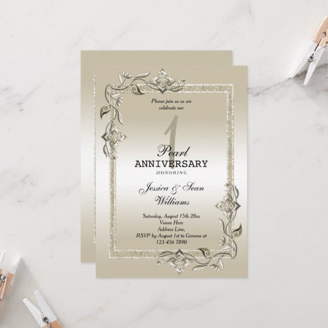 Invitation Noces de Perle et de Paillettes 1er Anniversaire d (Devant/Arrière en situation)