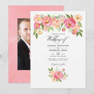 Invitation Noces de pivoines aquarelles rose pastel Photo
