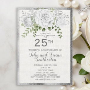 Invitation Noces de porcelaine florale blanc argenté 25 ans d