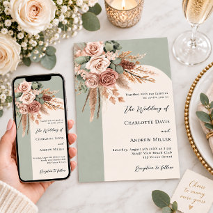 Invitation Noces de roses crème vert sauge et d'herbe de pamp