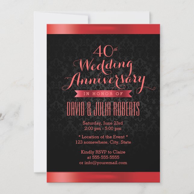 Invitation Noces de rubis Élégant damas noir (Devant)
