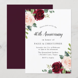Invitation Noces de rubis Floral aquarelle 40ème anniversaire