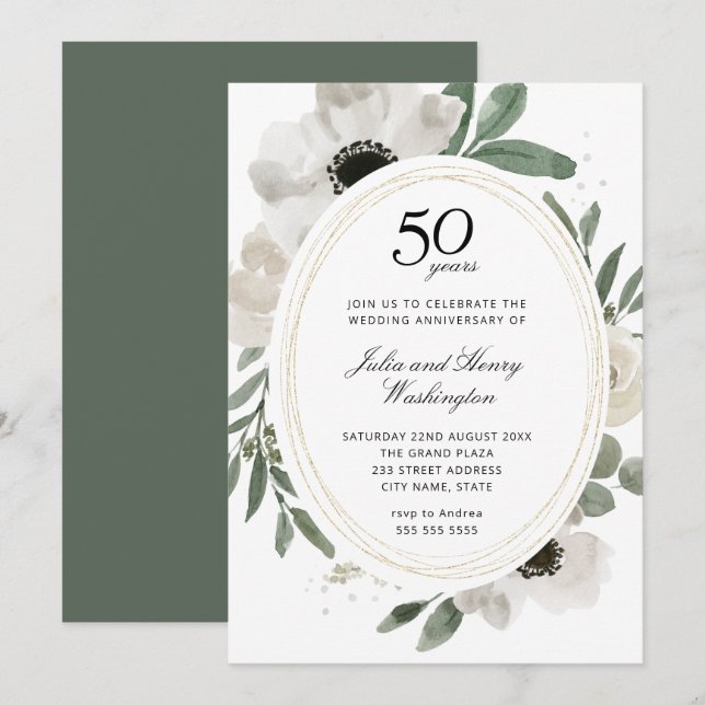 Invitation Noces de toile verte florale aquarelle 50 ans de m (Devant / Derrière)