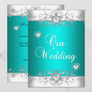 Invitation Noces de turquoise Diamants Cœurs Argent et Blanc