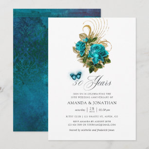 Invitation Noces de turquoise et d'or 50e anniversaire de mar