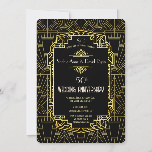 Invitation Noces d'or du Grand Gatsby 50e anniversaire de mar (Devant)