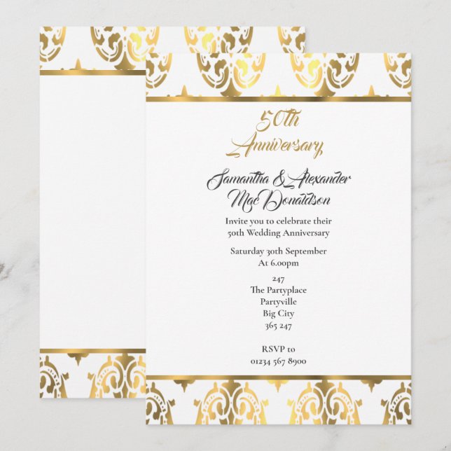 Invitation Noces d'or et de damas 50e anniversaire de mariage (Devant / Derrière)
