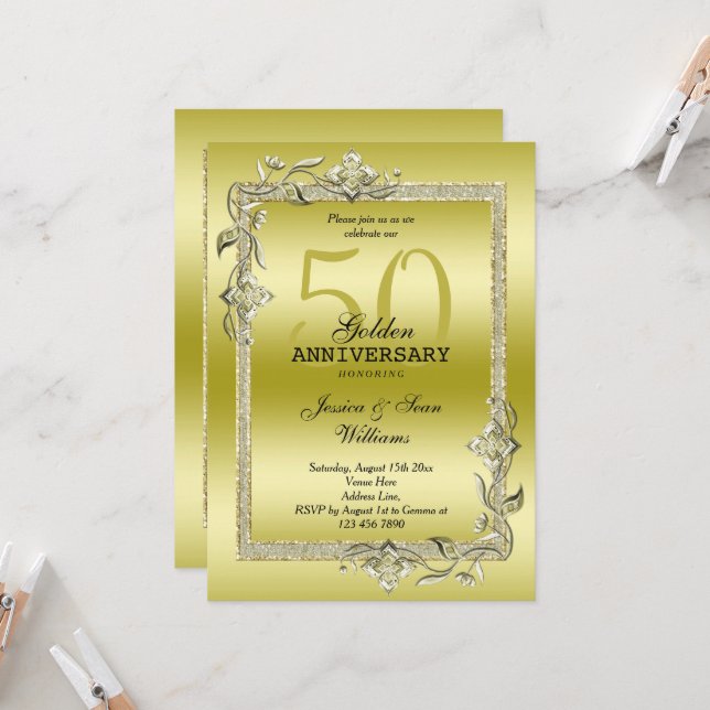 Invitation Noces d'Or Gem & Glitter 50e Anniversaire de Maria (Devant/Arrière en situation)