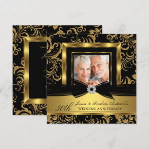 Invitation Noces d'or Noir Damask Photo 50e Anniversaire de M