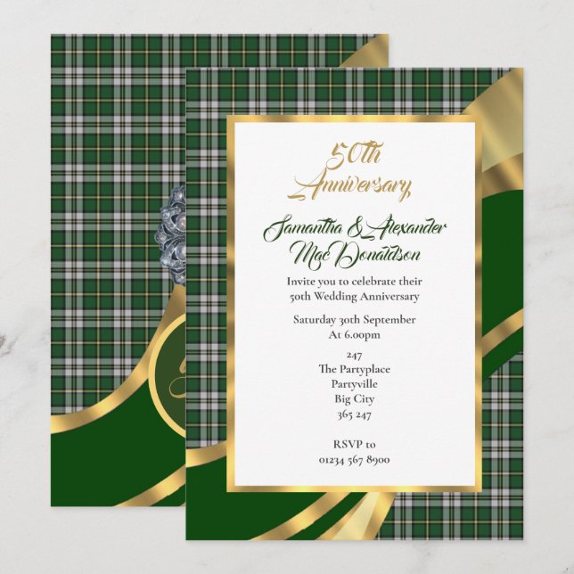 Invitation Noces d'or tartan écossais vert (Devant / Derrière)