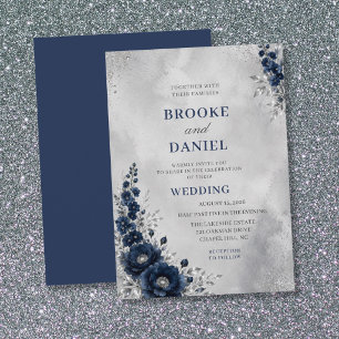 Invitation Noces élégantes Camélia Marine Stock Argenté