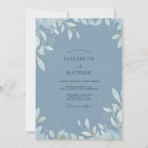 Invitation Noces en acier Bleu Barbeau au feuillage doux d'Eu