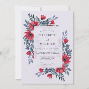 Invitation Noces Florales Captivantes Bleu Poussiéreux Rouge