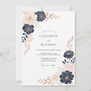 Invitation Noces Florales Élégantes Rose Or et Marine