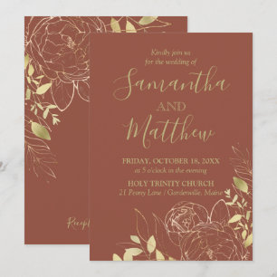 Invitation Noces Florales Modernes Pivoine Terre Cuite & Or