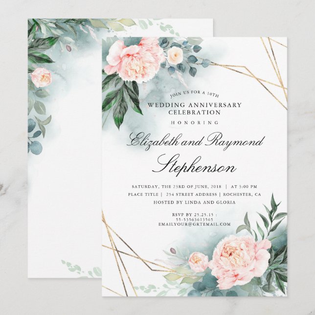 Invitation Noces géométriques florales or vert (Devant / Derrière)