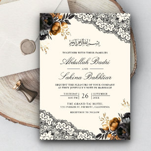 Invitation Noces Musulmanes Crème Floral en Dentelle Or Noir