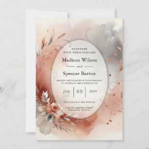 Invitation Noces Pétales Rougissants et Tourbillons d'Argent