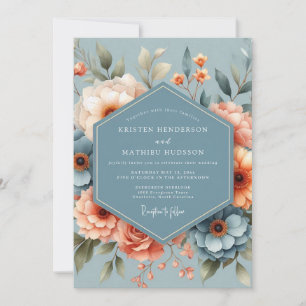 Invitation Noces Romantiques Bleu Acier et Pêche