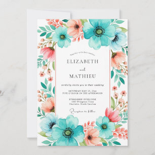 Invitation Noces Romantiques Fleur de Pêcher Turquoise