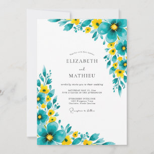 Invitation Noces Romantiques Fleur Jaune Sarcelle