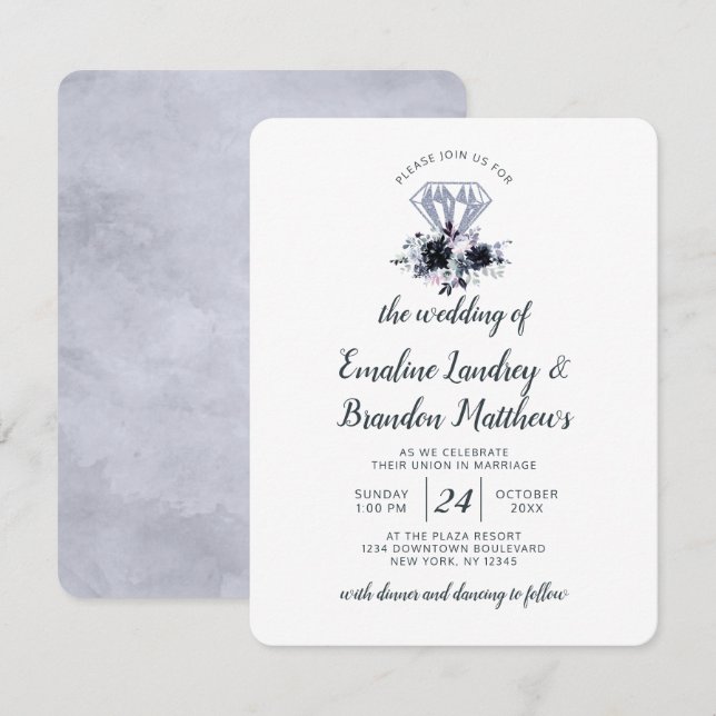 Invitation Nocturne Floral Diamant Dusty Blue Mariage (Devant / Derrière)