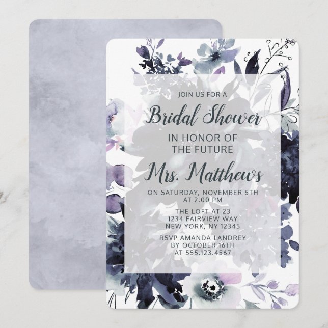 Invitation Nocturne Floral Dusty Bleu et Fête des mariées mar (Devant / Derrière)