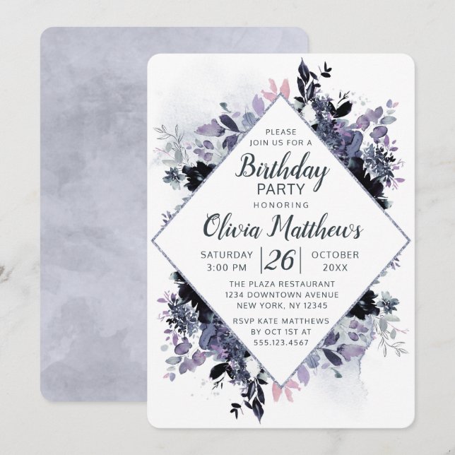 Invitation Nocturne Floral Navy Blue & Grey Anniversaire (Devant / Derrière)