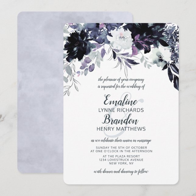 Invitation Nocturne Floral Navy Dusty Blue Floral Mariage (Devant / Derrière)