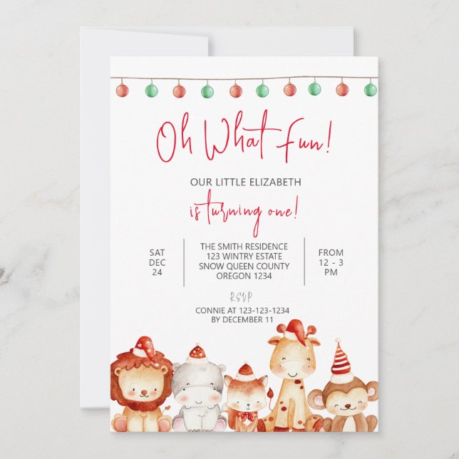 Invitation Noël 1er anniversaire, fête des animaux, Père Noël (Devant)