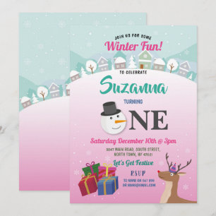 Invitation Noël 1er anniversaire fête Père Noël Snowman Girls