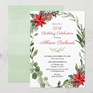 Invitation Noël Adultes Anniversaire rouge verdure fleurie