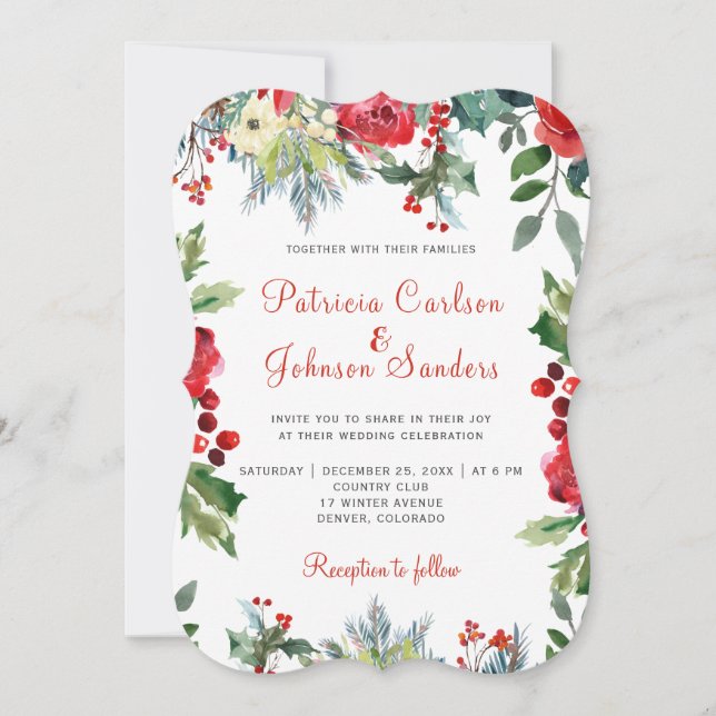 Invitation Noël aquarelle rustique mariage floral rouge (Devant)